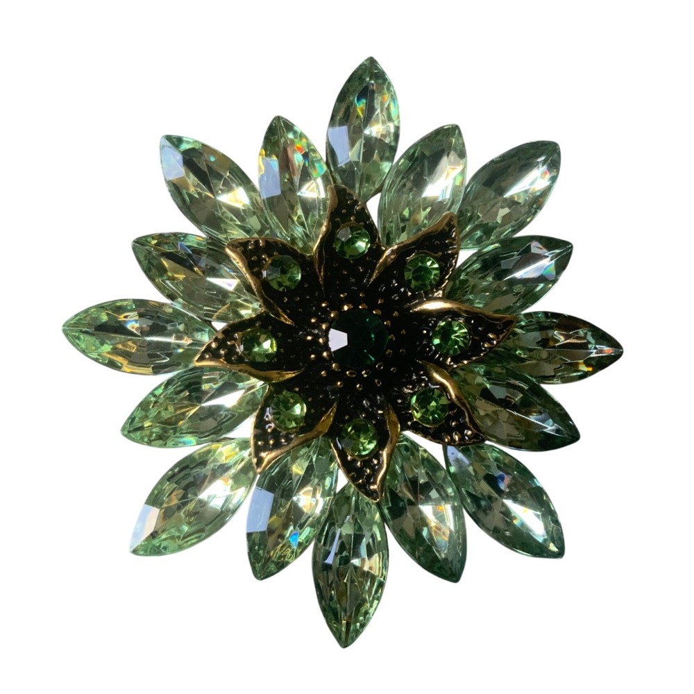 Vintage Green Crystal Flower Brooch Gold Tone Sunburst Star Pin 2 Inch